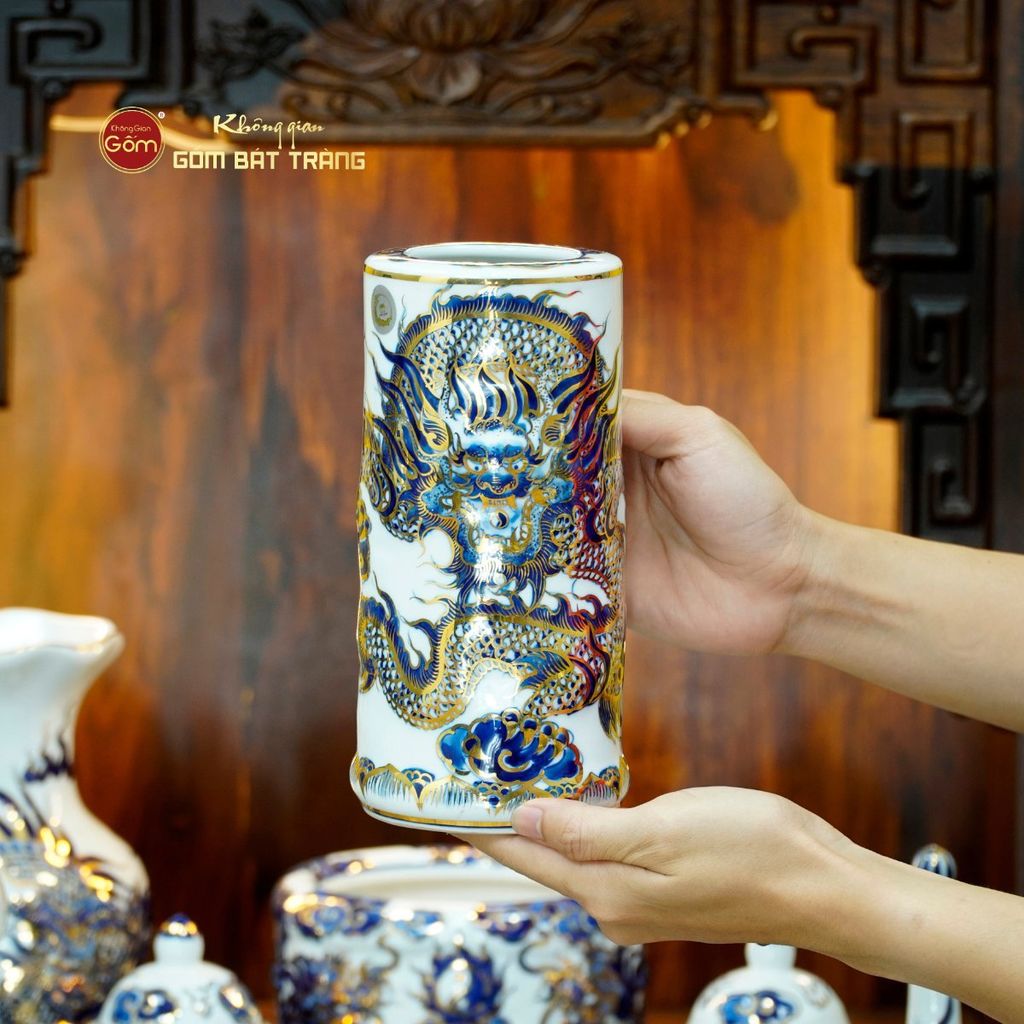 [Set Cơ Bản] Bộ Đồ Thờ Thần Tài Thổ Địa Men Lam Nổi Vẽ Vàng (9 món)