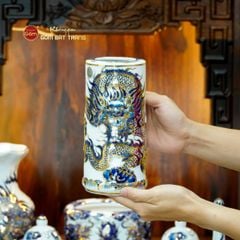 [Set Cơ Bản] Bộ Đồ Thờ Thần Tài Thổ Địa Men Lam Nổi Vẽ Vàng (9 món)