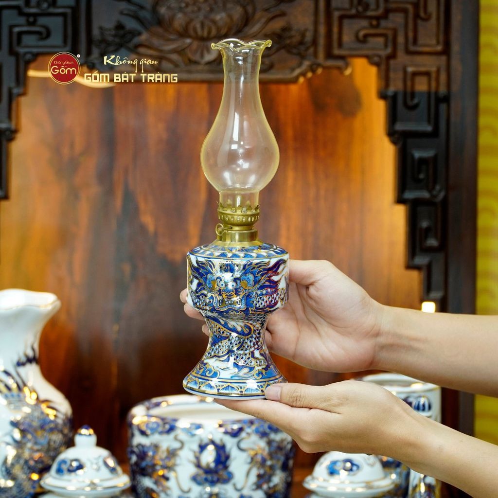 [Set Cơ Bản] Bộ Đồ Thờ Thần Tài Thổ Địa Men Lam Nổi Vẽ Vàng (9 món)