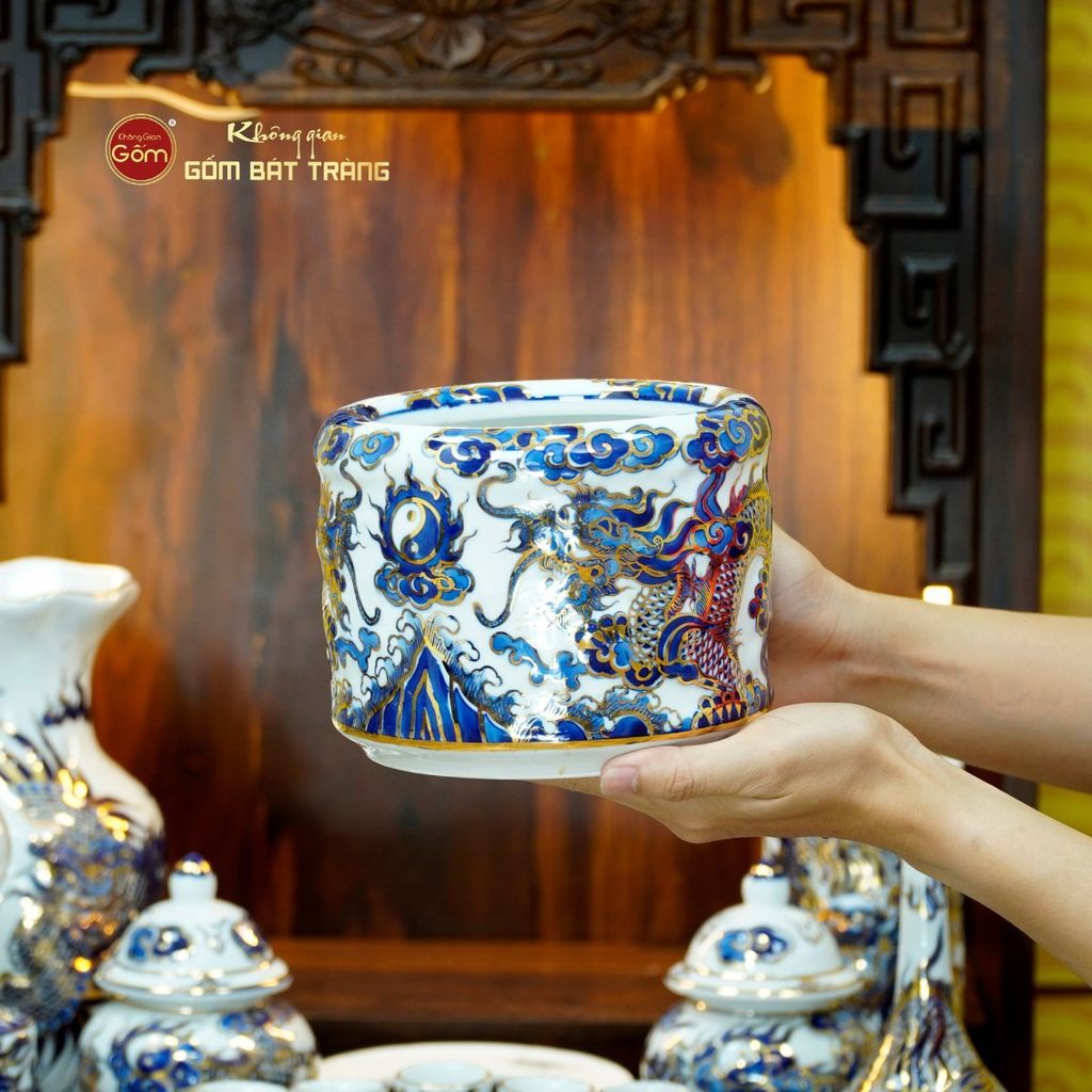 [Set Cơ Bản] Bộ Đồ Thờ Thần Tài Thổ Địa Men Lam Nổi Vẽ Vàng (9 món)