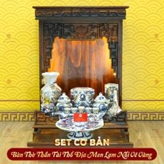 [Set Cơ Bản] Bộ Đồ Thờ Thần Tài Thổ Địa Men Lam Nổi Vẽ Vàng (9 món)