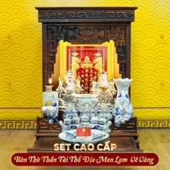 [Set Cao Cấp] Bộ Đồ Thờ Thần Tài Thổ Địa Men Lam Vẽ Vàng (12 món)