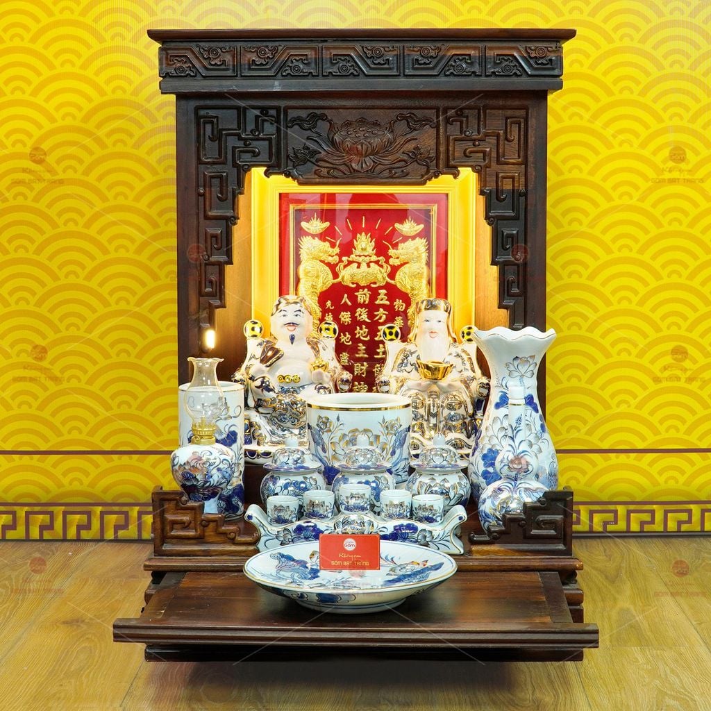 [Set Cao Cấp] Bộ Đồ Thờ Thần Tài Thổ Địa Men Lam Vẽ Vàng (12 món)