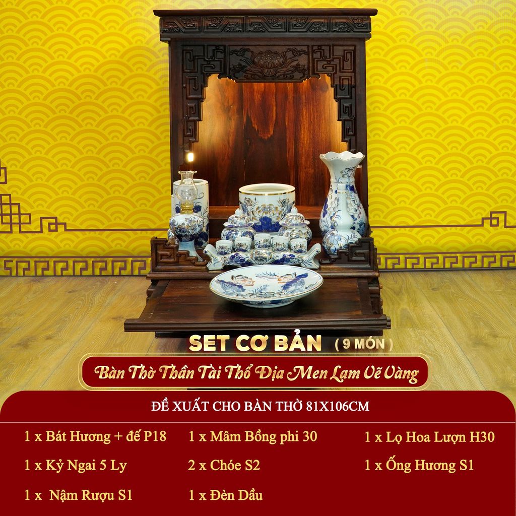 [Set Cơ Bản] Bộ Đồ Thờ Thần Tài Thổ Địa Men Lam Vẽ Vàng (9 món)