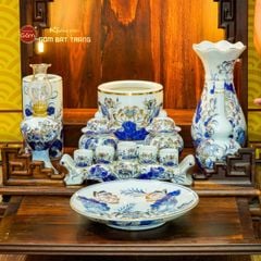 [Set Cơ Bản] Bộ Đồ Thờ Thần Tài Thổ Địa Men Lam Vẽ Vàng (9 món)