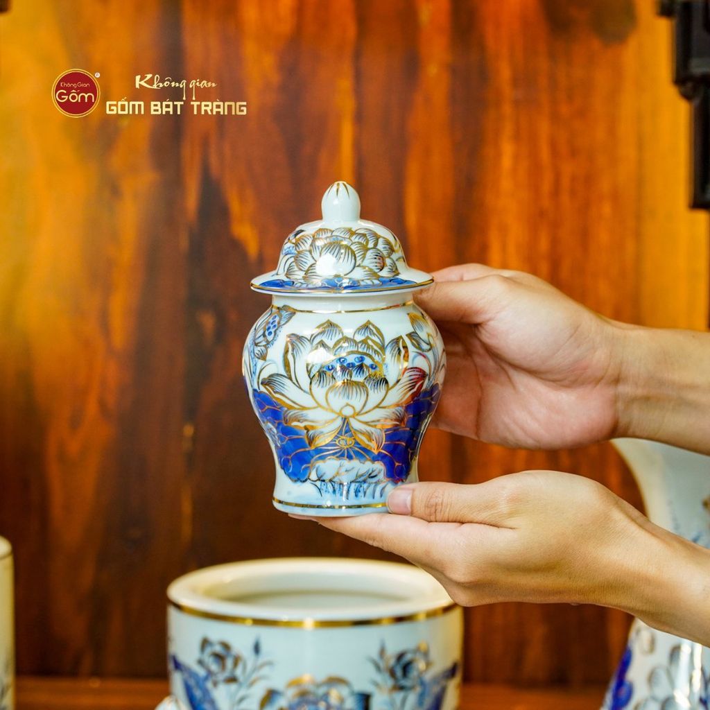 [Set Cơ Bản] Bộ Đồ Thờ Thần Tài Thổ Địa Men Lam Vẽ Vàng (9 món)