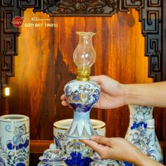 [Set Cơ Bản] Bộ Đồ Thờ Thần Tài Thổ Địa Men Lam Vẽ Vàng (9 món)