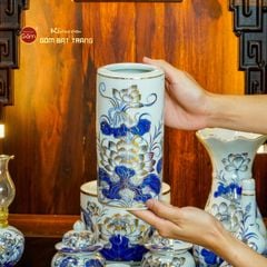 [Set Cơ Bản] Bộ Đồ Thờ Thần Tài Thổ Địa Men Lam Vẽ Vàng (9 món)