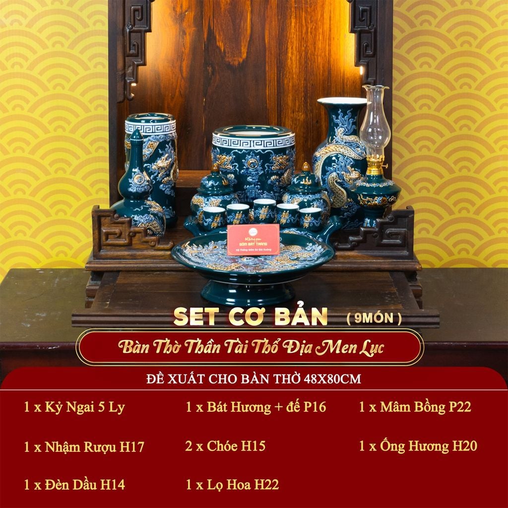 [Set Cơ Bản] Bộ Đồ Thờ Thần Tài Thổ Địa Men Lục (9 món)