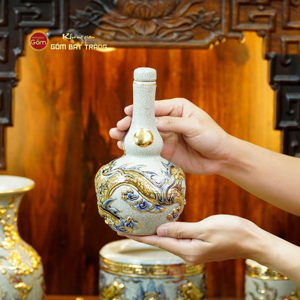 [Set Cơ Bản] Bộ Đồ Thờ Thần Tài Thổ Địa Men Rạn Vẽ Vàng (9 món)