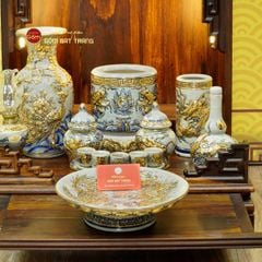 [Set Cơ Bản] Bộ Đồ Thờ Thần Tài Thổ Địa Men Rạn Vẽ Vàng (9 món)