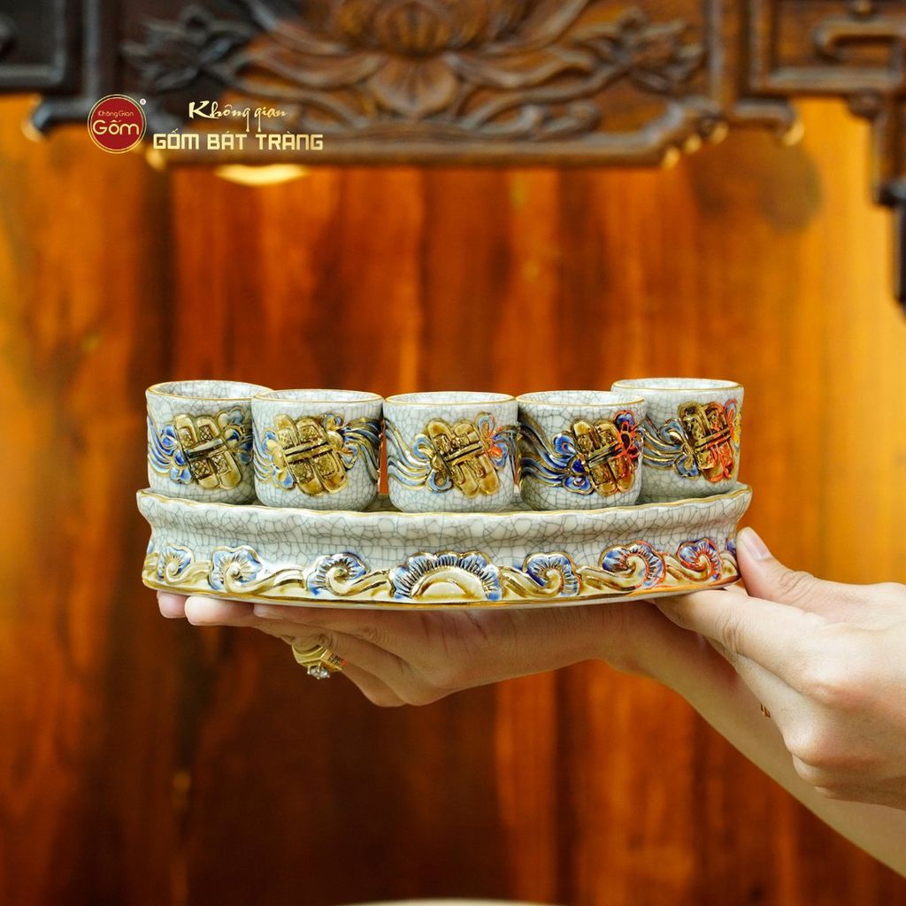 [Set Cơ Bản] Bộ Đồ Thờ Thần Tài Thổ Địa Men Rạn Vẽ Vàng (9 món)