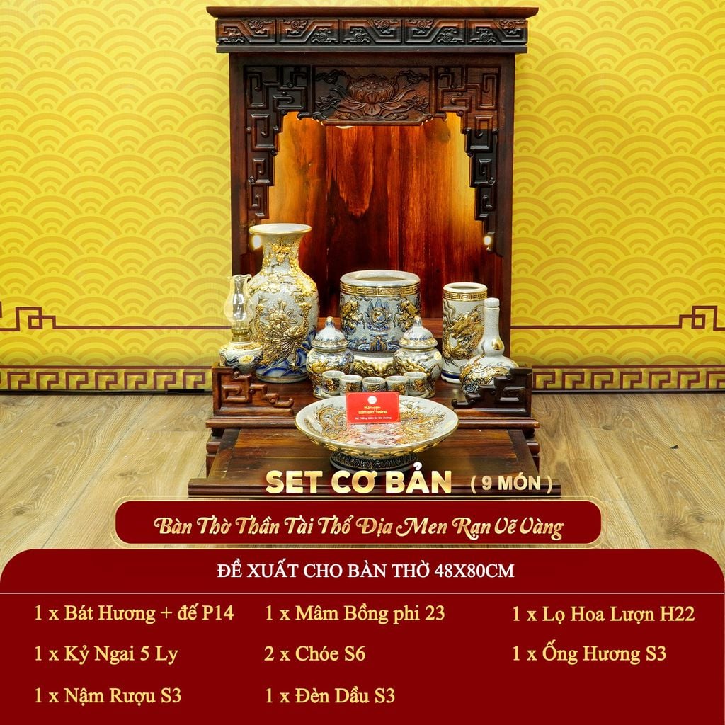 [Set Cơ Bản] Bộ Đồ Thờ Thần Tài Thổ Địa Men Rạn Vẽ Vàng (9 món)
