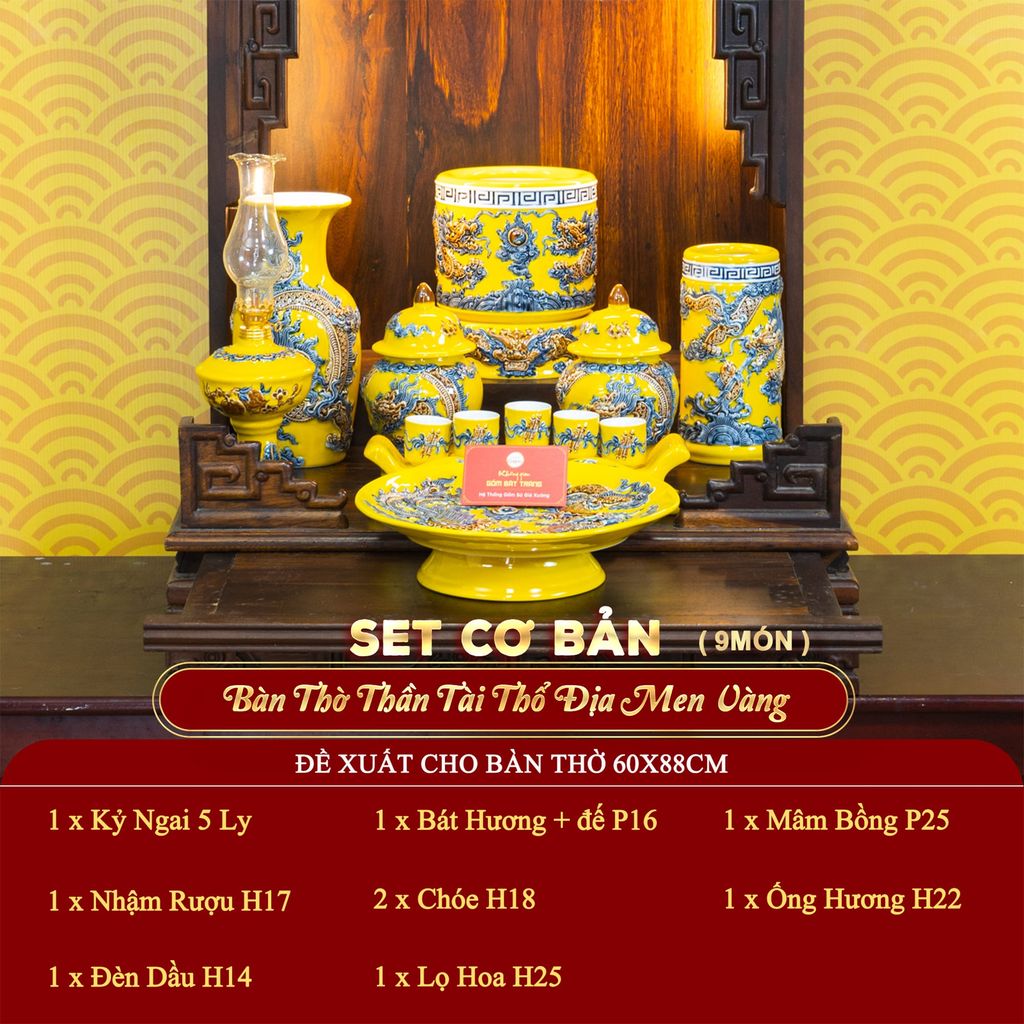 [Set Cơ Bản] Bộ Đồ Thờ Thần Tài Thổ Địa Men Vàng (9 món)
