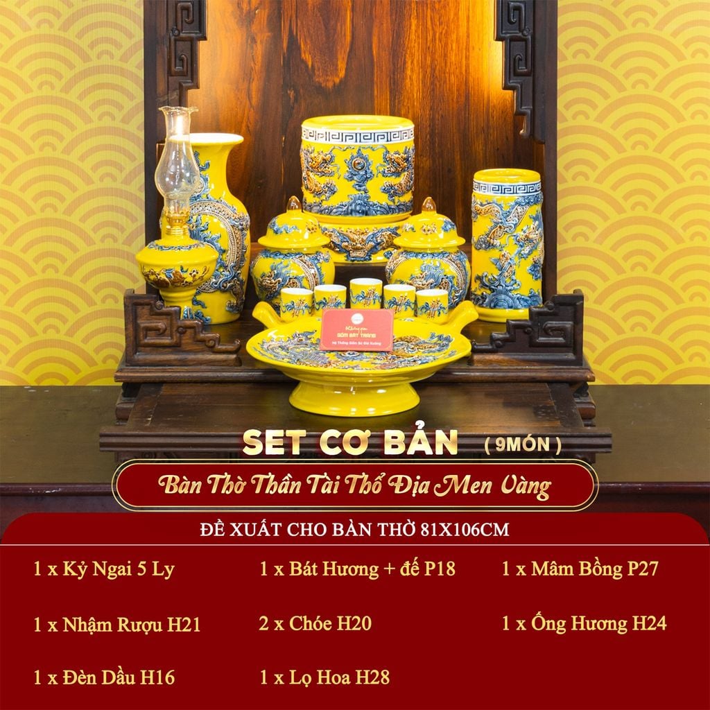 [Set Cơ Bản] Bộ Đồ Thờ Thần Tài Thổ Địa Men Vàng (9 món)