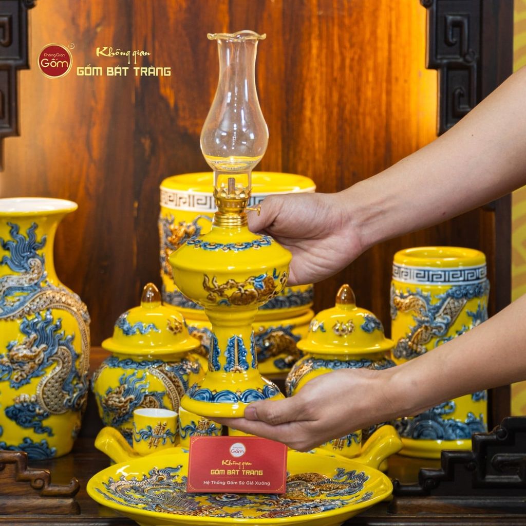 [Set Cơ Bản] Bộ Đồ Thờ Thần Tài Thổ Địa Men Vàng (9 món)