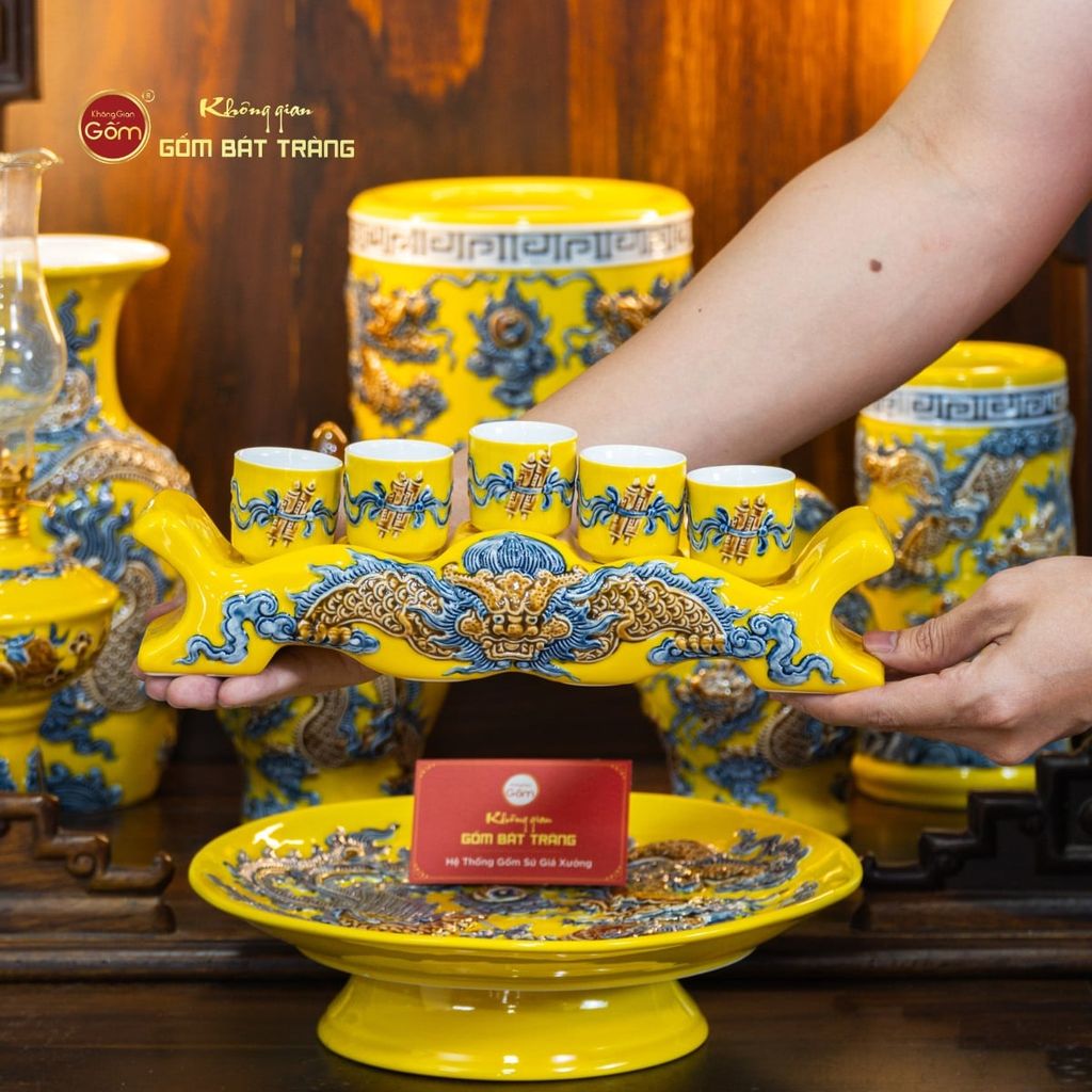 [Set Cơ Bản] Bộ Đồ Thờ Thần Tài Thổ Địa Men Vàng (9 món)