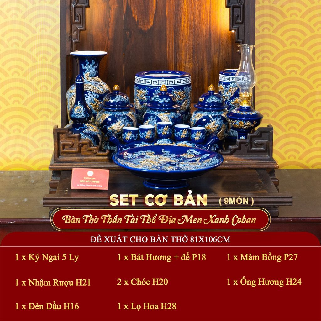 [Set Cơ Bản] Bộ Đồ Thờ Thần Tài Thổ Địa Men Xanh Coban (9 món)