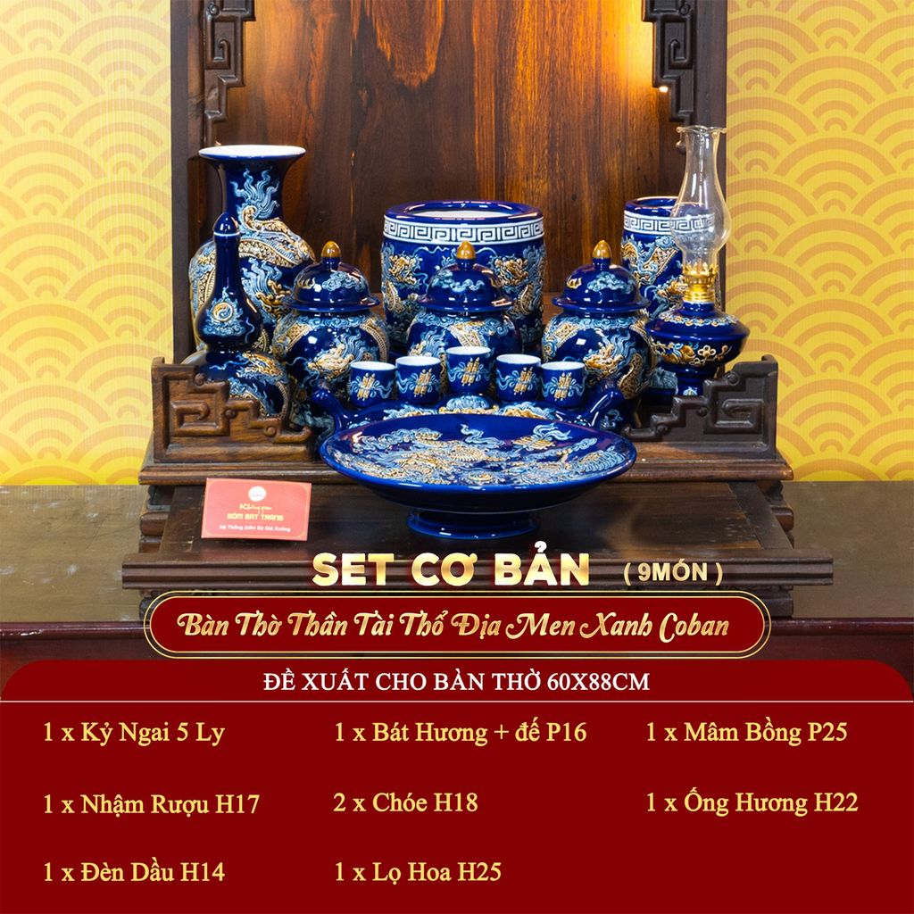 [Set Cơ Bản] Bộ Đồ Thờ Thần Tài Thổ Địa Men Xanh Coban (9 món)