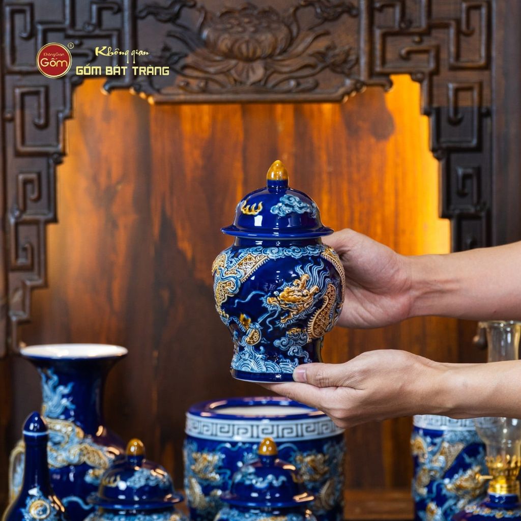 [Set Cơ Bản] Bộ Đồ Thờ Thần Tài Thổ Địa Men Xanh Coban (9 món)