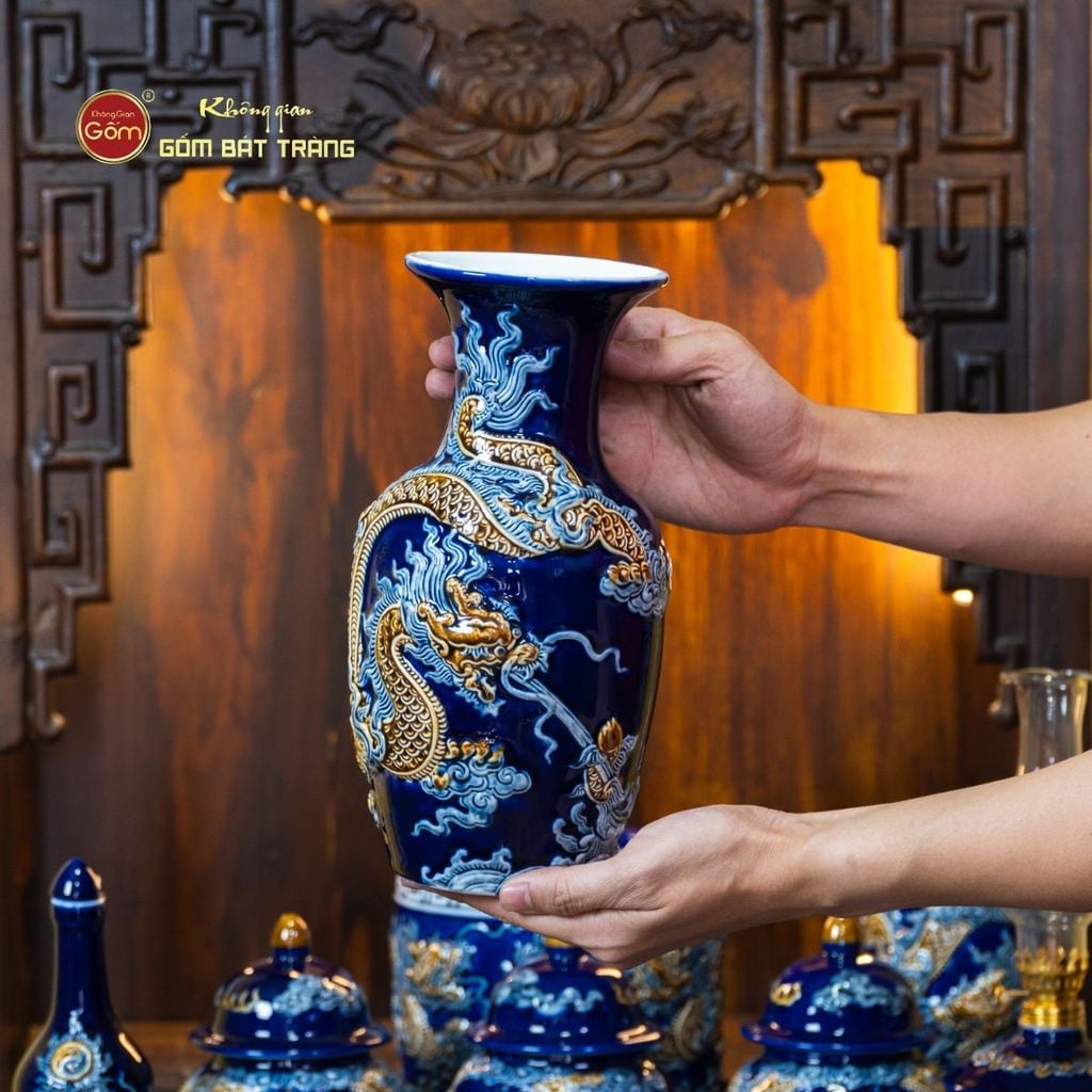 [Set Cơ Bản] Bộ Đồ Thờ Thần Tài Thổ Địa Men Xanh Coban (9 món)