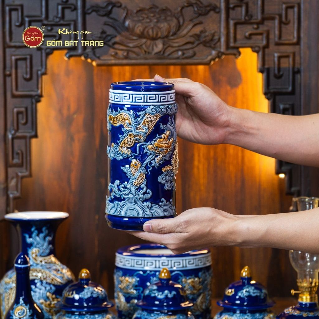 [Set Cơ Bản] Bộ Đồ Thờ Thần Tài Thổ Địa Men Xanh Coban (9 món)