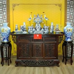 [Set Hào Gia] Bộ Đồ Thờ Gia Tiên Men Lam Nổi Vẽ Vàng (29 món)