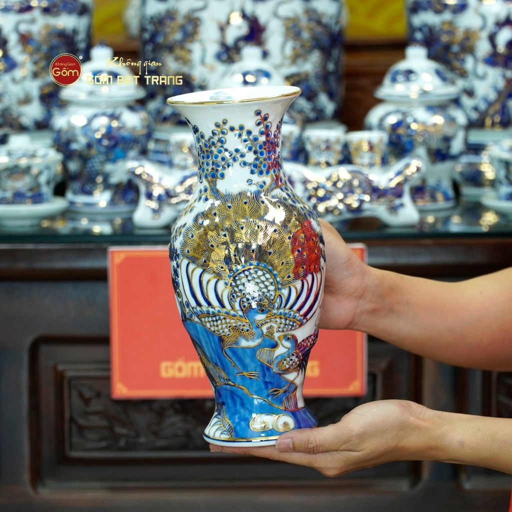 [Set Hào Gia] Bộ Đồ Thờ Gia Tiên Men Lam Nổi Vẽ Vàng (29 món)