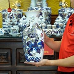 [Set Hào Gia] Bộ Đồ Thờ Gia Tiên Men Lam Nổi Vẽ Vàng (29 món)