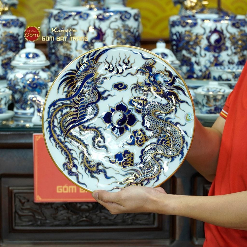 [Set Hào Gia] Bộ Đồ Thờ Gia Tiên Men Lam Nổi Vẽ Vàng (29 món)