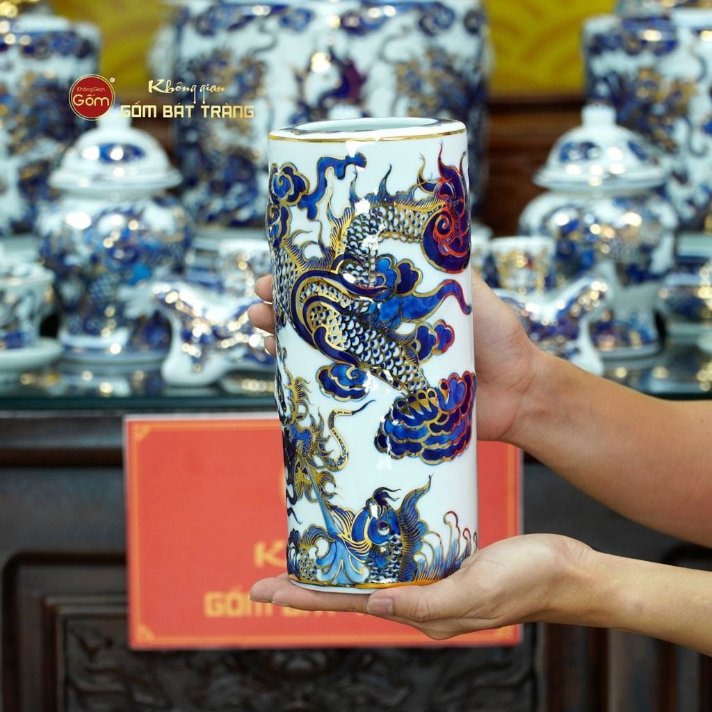 [Set Hào Gia] Bộ Đồ Thờ Gia Tiên Men Lam Nổi Vẽ Vàng (29 món)