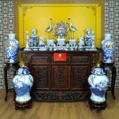 [Set Hào Gia] Bộ Đồ Thờ Gia Tiên Men Lam Vẽ Vàng (31 món)