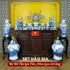 [Set Hào Gia] Bộ Đồ Thờ Gia Tiên Men Lam Vẽ Vàng (31 món)