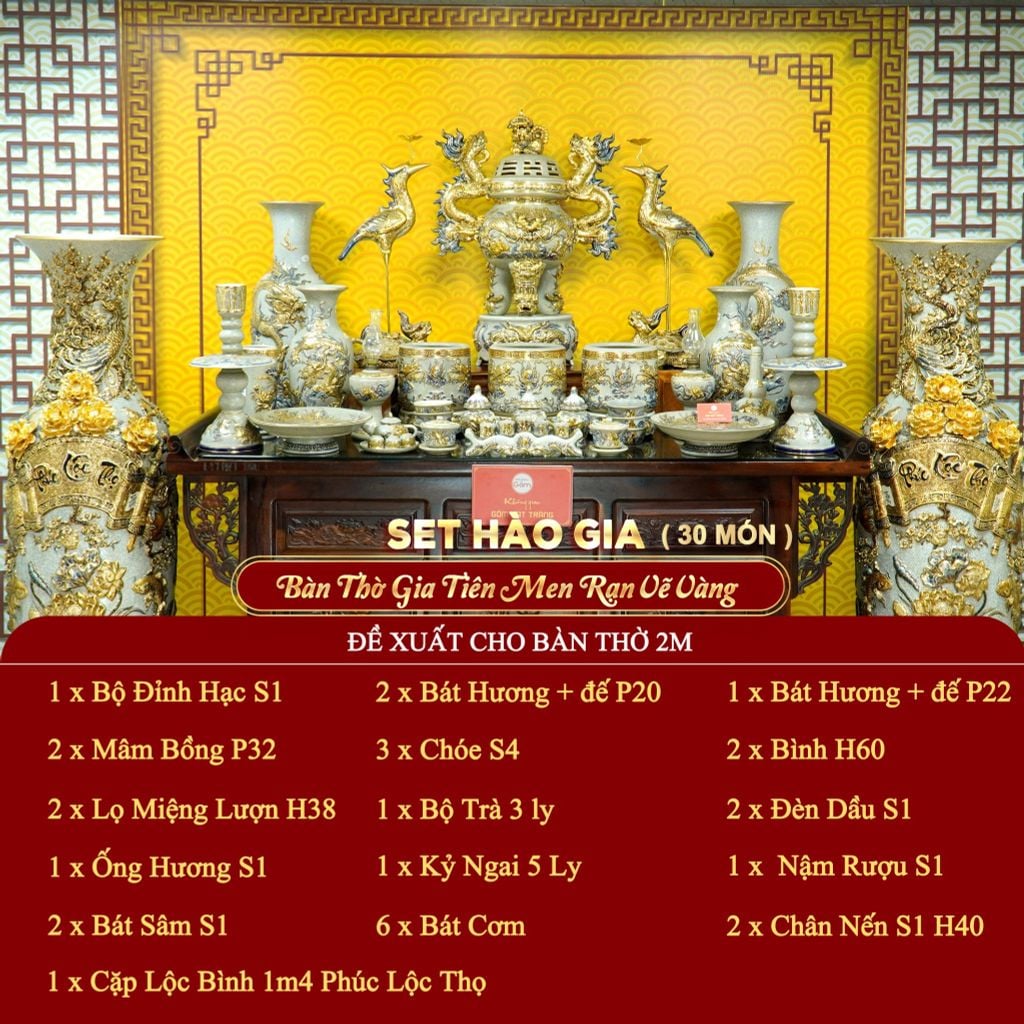 [Set Hào Gia] Bộ Đồ Thờ Gia Tiên Men Rạn Vẽ Vàng (30 món)
