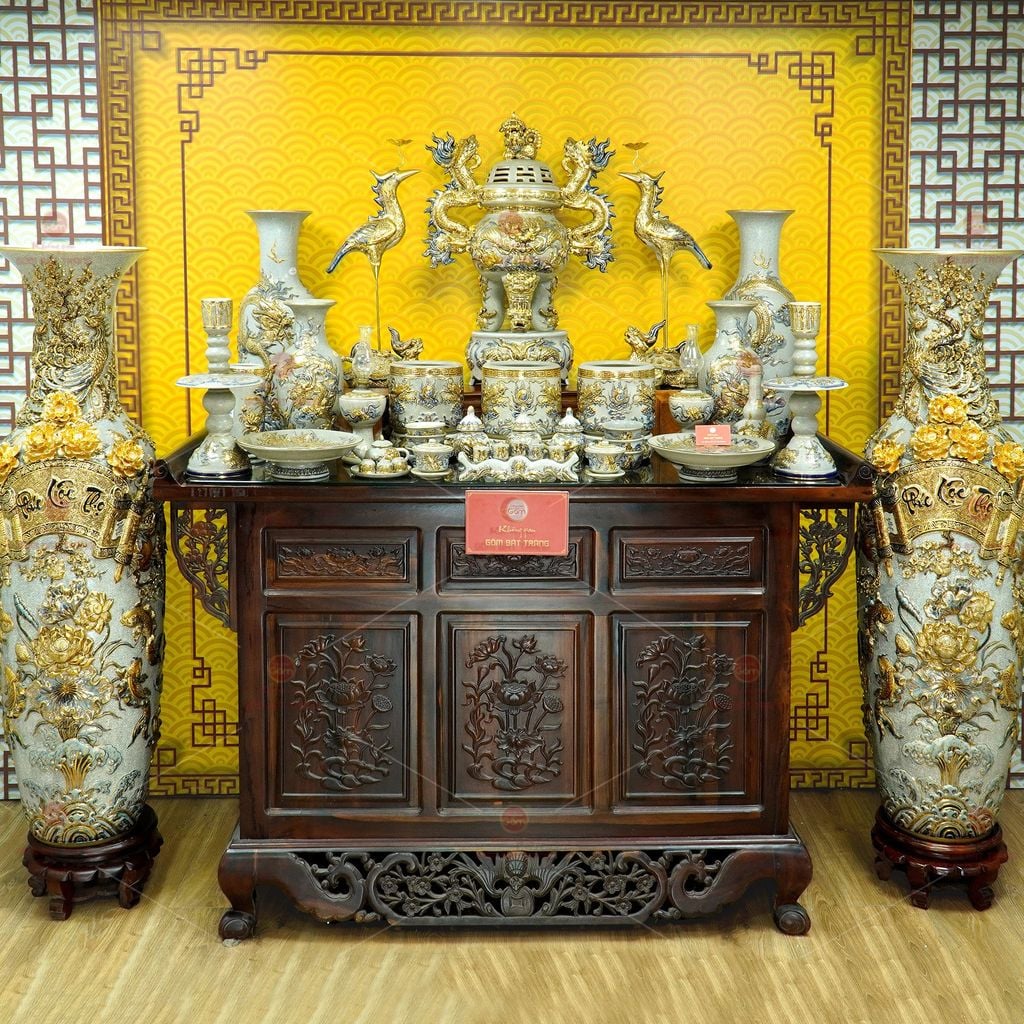 [Set Hào Gia] Bộ Đồ Thờ Gia Tiên Men Rạn Vẽ Vàng (30 món)