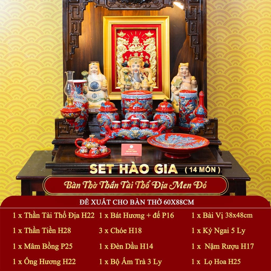 [Set Hào Gia] Bộ Đồ Thờ Thần Tài Thổ Địa Men Đỏ (14 món)
