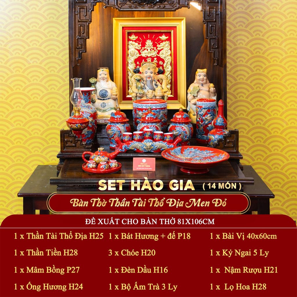 [Set Hào Gia] Bộ Đồ Thờ Thần Tài Thổ Địa Men Đỏ (14 món)