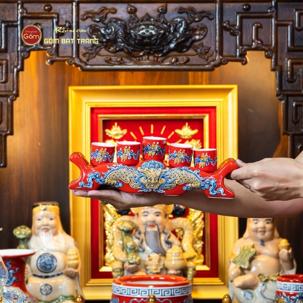 [Set Hào Gia] Bộ Đồ Thờ Thần Tài Thổ Địa Men Đỏ (14 món)