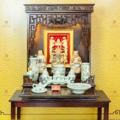 Bộ Ấm 3 Chén Thờ Men Ngọc Hoàng Tộc Vẽ Vàng Cành Đào
