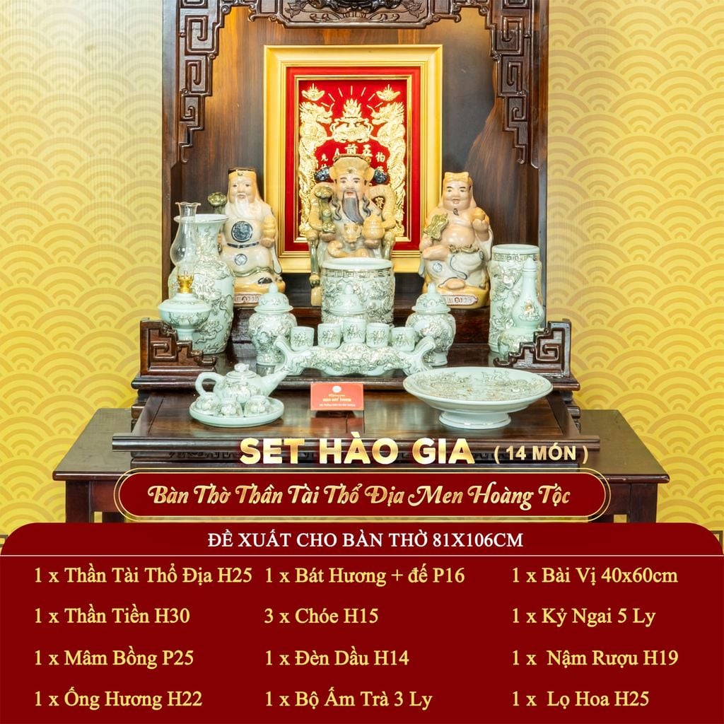 [Set Hào Gia] Bộ Đồ Thờ Thần Tài Thổ Địa Men Hoàng Tộc Vẽ Vàng (14 món)