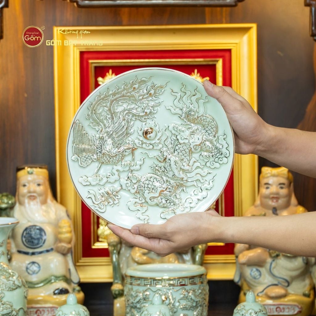 [Set Hào Gia] Bộ Đồ Thờ Thần Tài Thổ Địa Men Hoàng Tộc Vẽ Vàng (14 món)