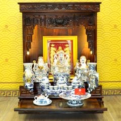 [Set Hào Gia] Bộ Đồ Thờ Thần Tài Thổ Địa Men Lam Nổi Vẽ Vàng (14 món)