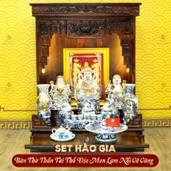 [Set Hào Gia] Bộ Đồ Thờ Thần Tài Thổ Địa Men Lam Nổi Vẽ Vàng (14 món)
