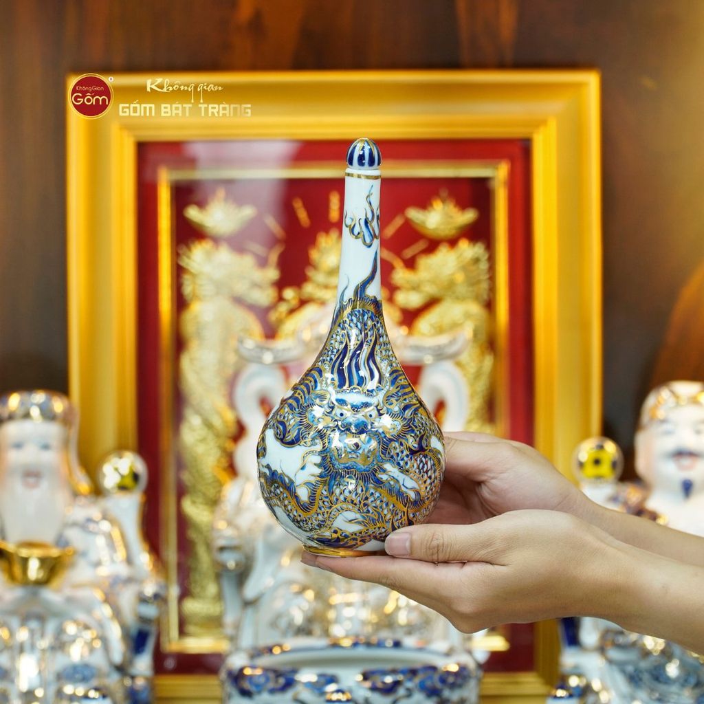 [Set Hào Gia] Bộ Đồ Thờ Thần Tài Thổ Địa Men Lam Nổi Vẽ Vàng (14 món)