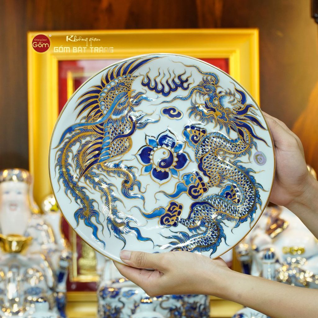 [Set Hào Gia] Bộ Đồ Thờ Thần Tài Thổ Địa Men Lam Nổi Vẽ Vàng (14 món)