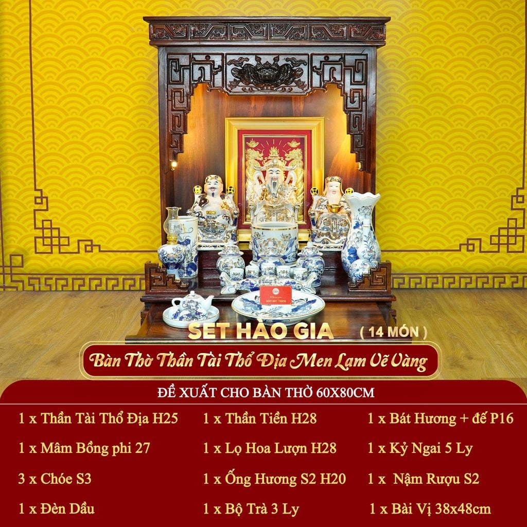 [Set Hào Gia] Bộ Đồ Thờ Thần Tài Thổ Địa Men Lam Vẽ Vàng (14 món)