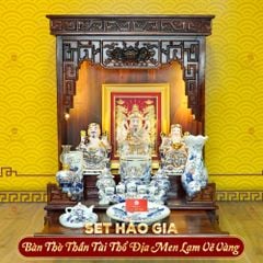 [Set Hào Gia] Bộ Đồ Thờ Thần Tài Thổ Địa Men Lam Vẽ Vàng (14 món)