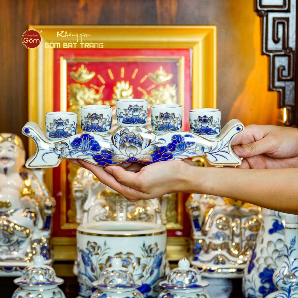 [Set Hào Gia] Bộ Đồ Thờ Thần Tài Thổ Địa Men Lam Vẽ Vàng (14 món)