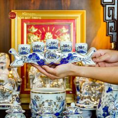 [Set Hào Gia] Bộ Đồ Thờ Thần Tài Thổ Địa Men Lam Vẽ Vàng (14 món)