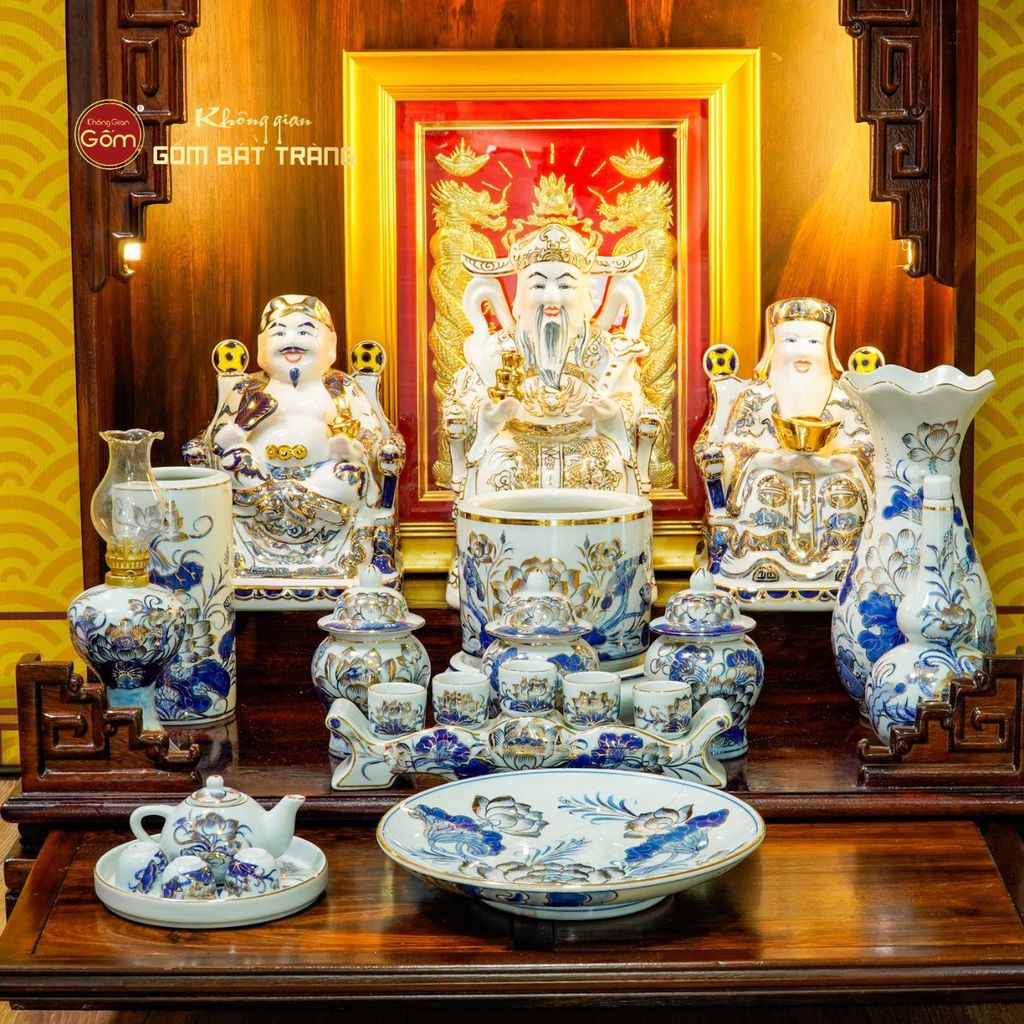 [Set Hào Gia] Bộ Đồ Thờ Thần Tài Thổ Địa Men Lam Vẽ Vàng (14 món)